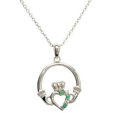 Shanore Celtic Jewelry Sterling Silver Claddagh with green CZ Pendant.