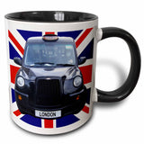 Black London Two-Tone Mug with Taxicab on British Flag